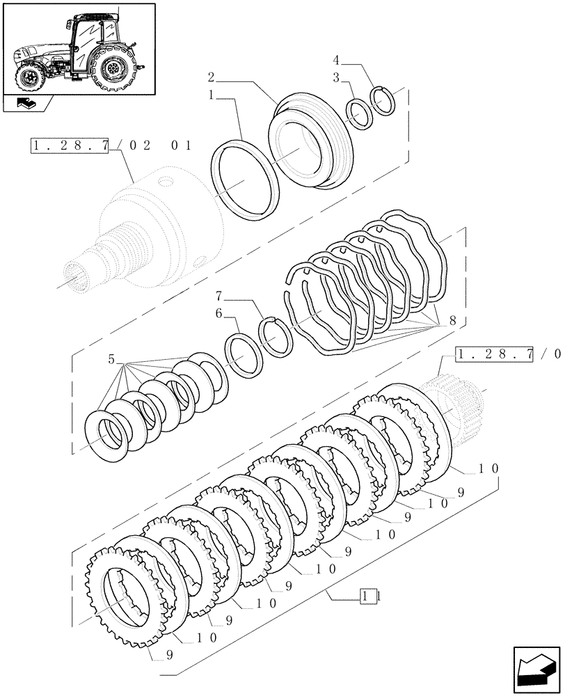 Схема запчастей Case IH FARMALL 85N - (1.28.7/02[02]) - 16X16 HYDR. TRANSMISSION WITH SYNCHRO GEARS AND POWER SHUTTLE - CLUTCH PLATES (VAR.330278-332278 / 743509) (03) - TRANSMISSION