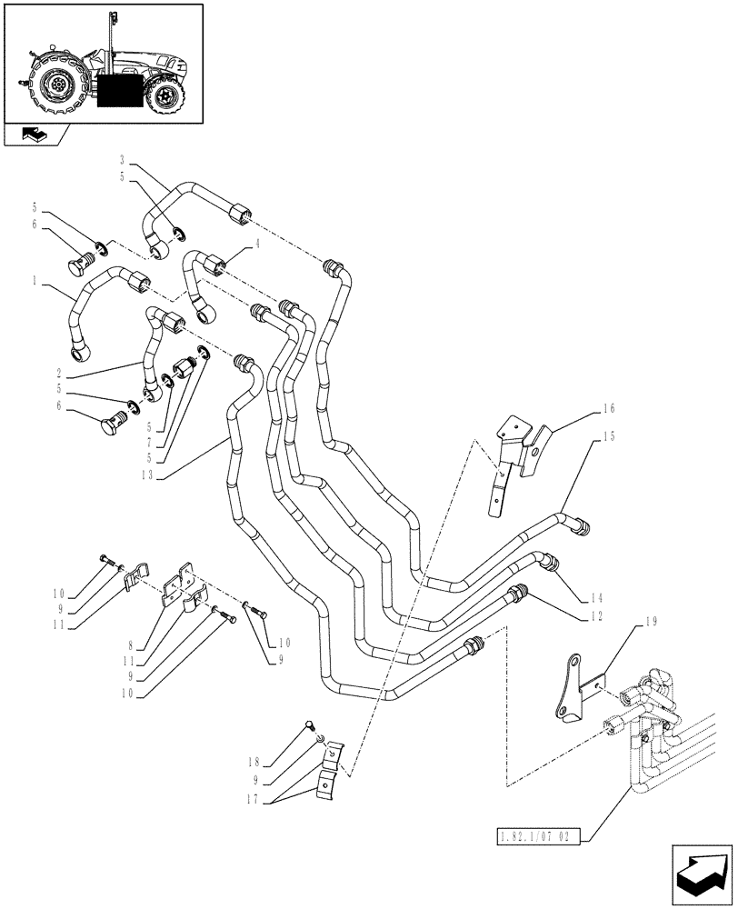 Схема запчастей Case IH FARMALL 105N - (1.82.1/07[01]) - 2 MID MOUNT PIPES, 4 COUPLERS - REAR PIPES - L/CAB (VAR.330119) (07) - HYDRAULIC SYSTEM