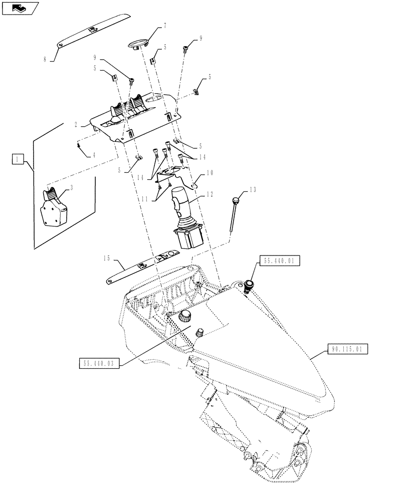 Схема запчастей Case IH QUADTRAC 550 - (55.440.04) - ARMREST CONTROLS - ELECTROHYDRAULIC REMOTE LEVERS AND JOYSTICK, 4 AND 8 REMOTES (55) - ELECTRICAL SYSTEMS