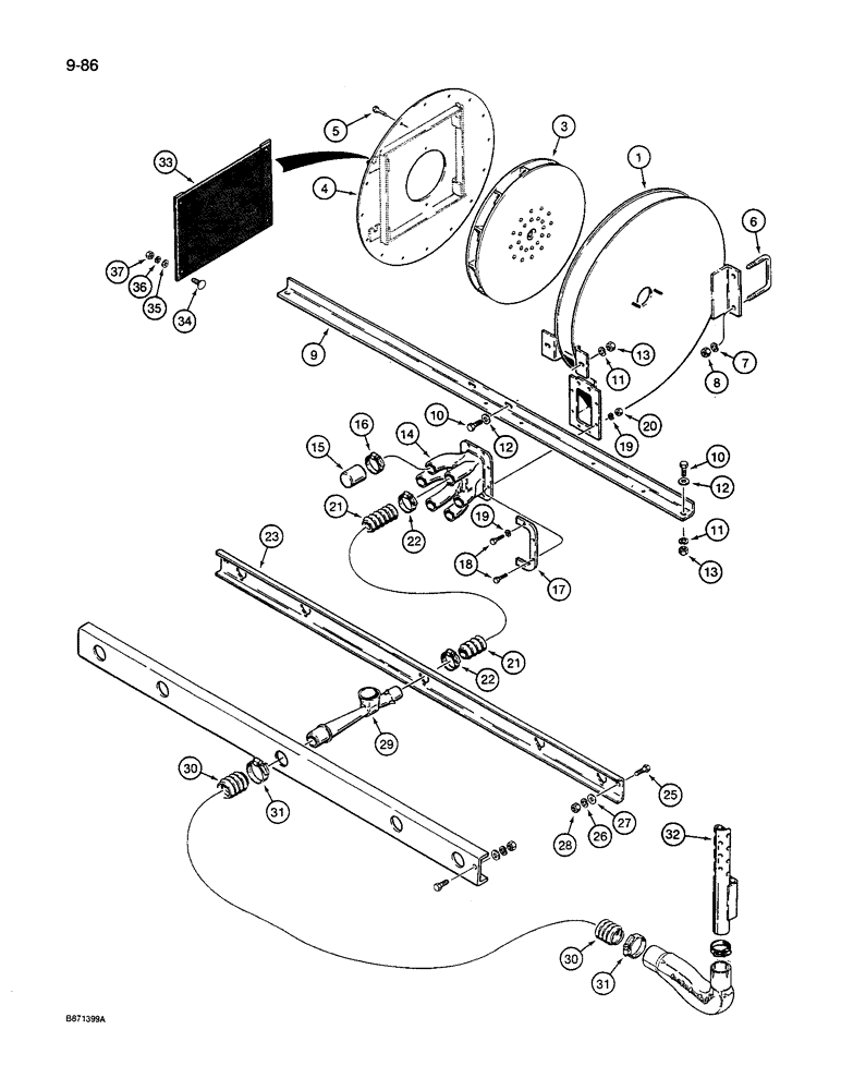 Схема запчастей Case IH 8600 - (9-086) - AIR SYSTEM, FAN TO MANIFOLD PIPE, UNITS WITH 9 INCH ROW SPACING (09) - CHASSIS/ATTACHMENTS