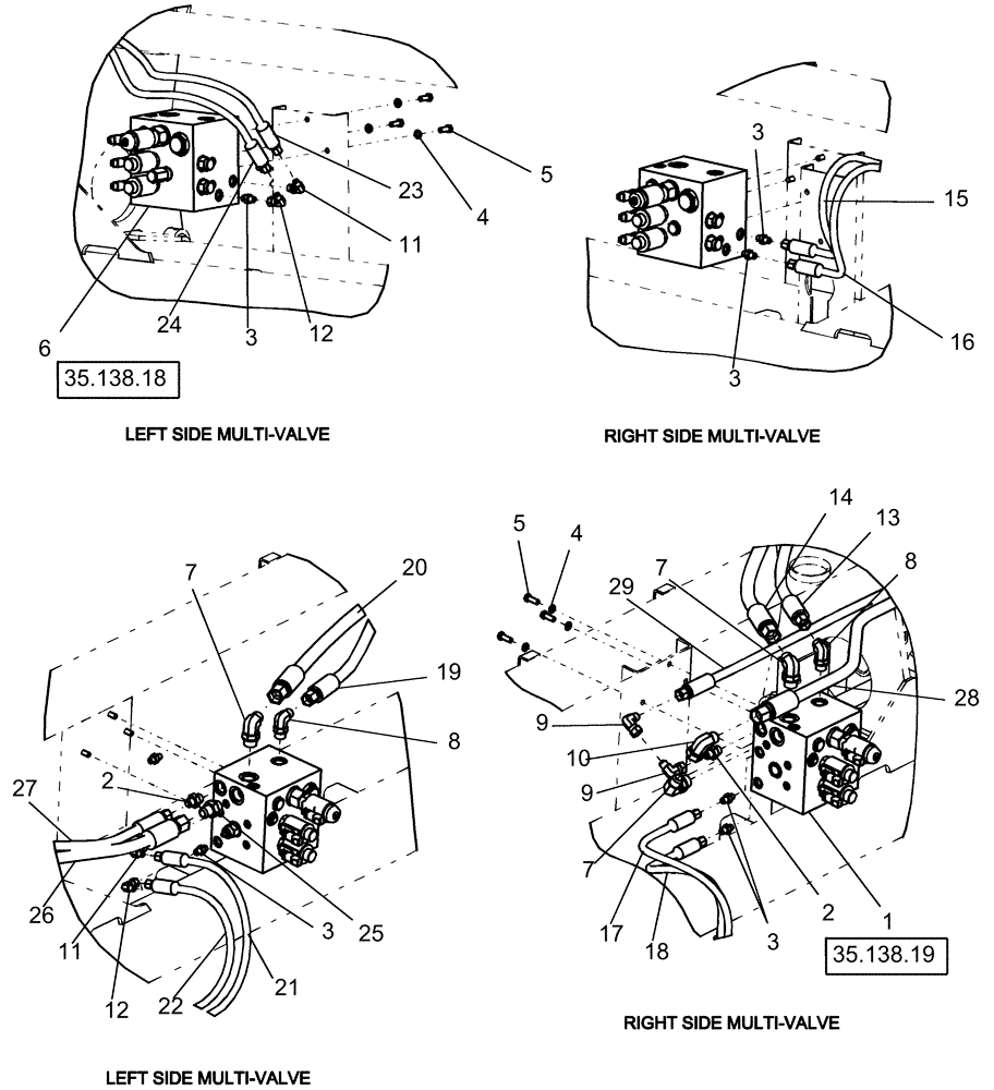 Схема запчастей Case IH 1240 - (35.138.01) - LAYOUT MULTI-VALVES MOUNTING 12/23 ROW (35) - HYDRAULIC SYSTEMS