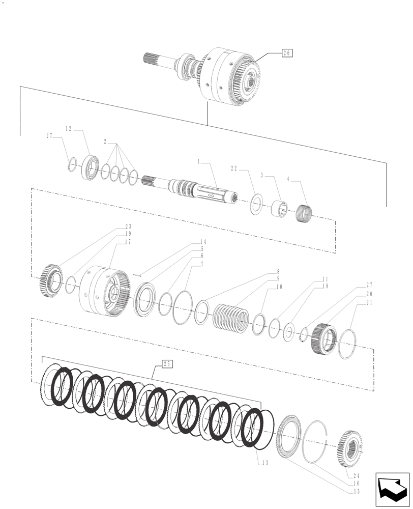 Схема запчастей Case IH FARMALL 125A - (21.154.AA[03]) - TRANSMISSION - GEARS & SHAFT CLUTCH ASSY. 8+8 POWER SHUTTLE (21) - TRANSMISSION