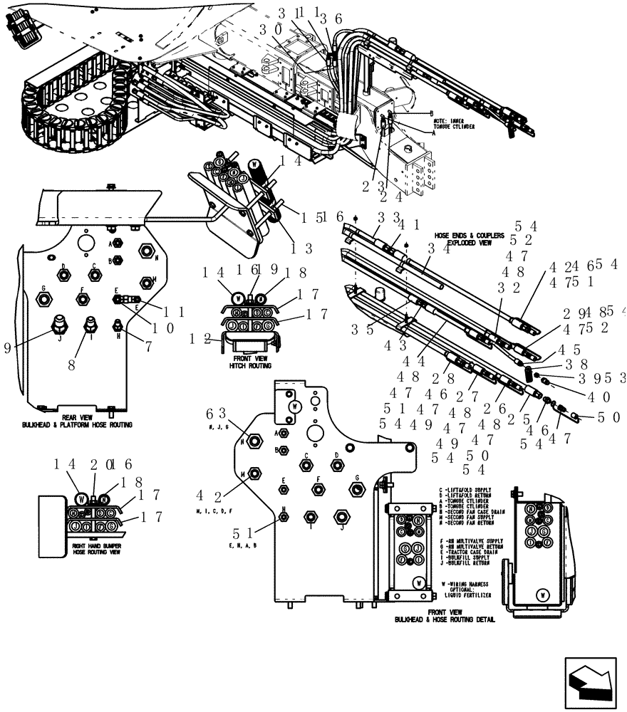 Схема запчастей Case IH 1200PT - (F.10.G[01]) - LAYOUT TAKE UP CARRIER HOSE ROUTING 12/23 ROW (BSN CBJ0011170) F - Frame Positioning