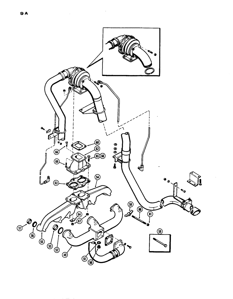 Схема запчастей Case IH 1200 - (009A) - TURBO CHARGER SYSTEM, CONTINUED, (451) DIESEL ENGINE, INTAKE AND EXHAUST MANIFOLD (02) - ENGINE