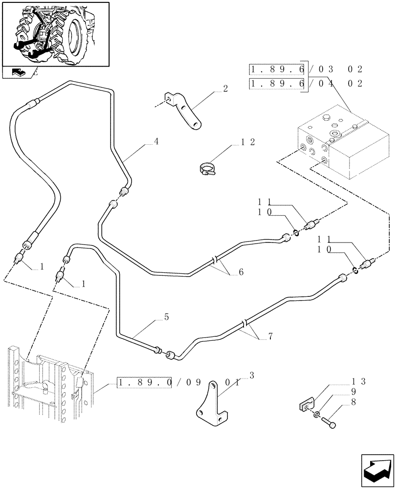 Схема запчастей Case IH FARMALL 95N - (1.89.0/09[02]) - HIDRAULIK STABILISERS WITH SLIDER TYPE HITCH SUPPORT - PIPES (VAR.334945-336945) (09) - IMPLEMENT LIFT