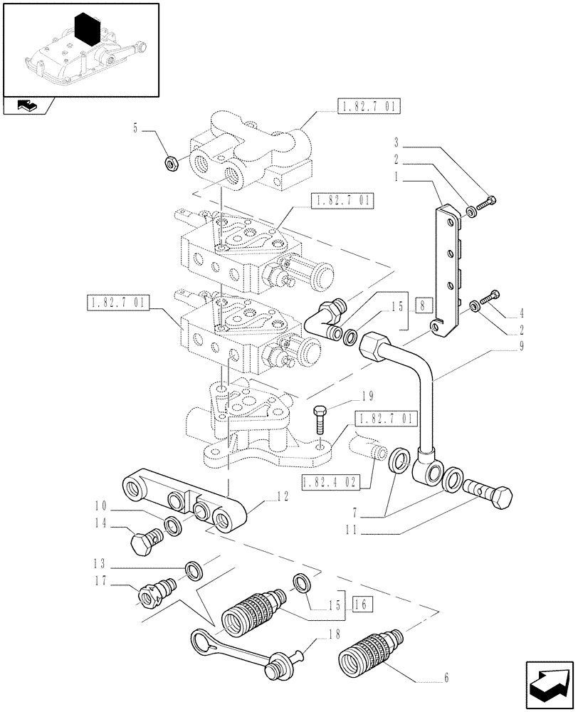 Схема запчастей Case IH FARMALL 105N - (1.82.7[03]) - 2 REAR REMOTES FOR MDC - BRACKETS, UNION AND QUICK COUPLING (07) - HYDRAULIC SYSTEM