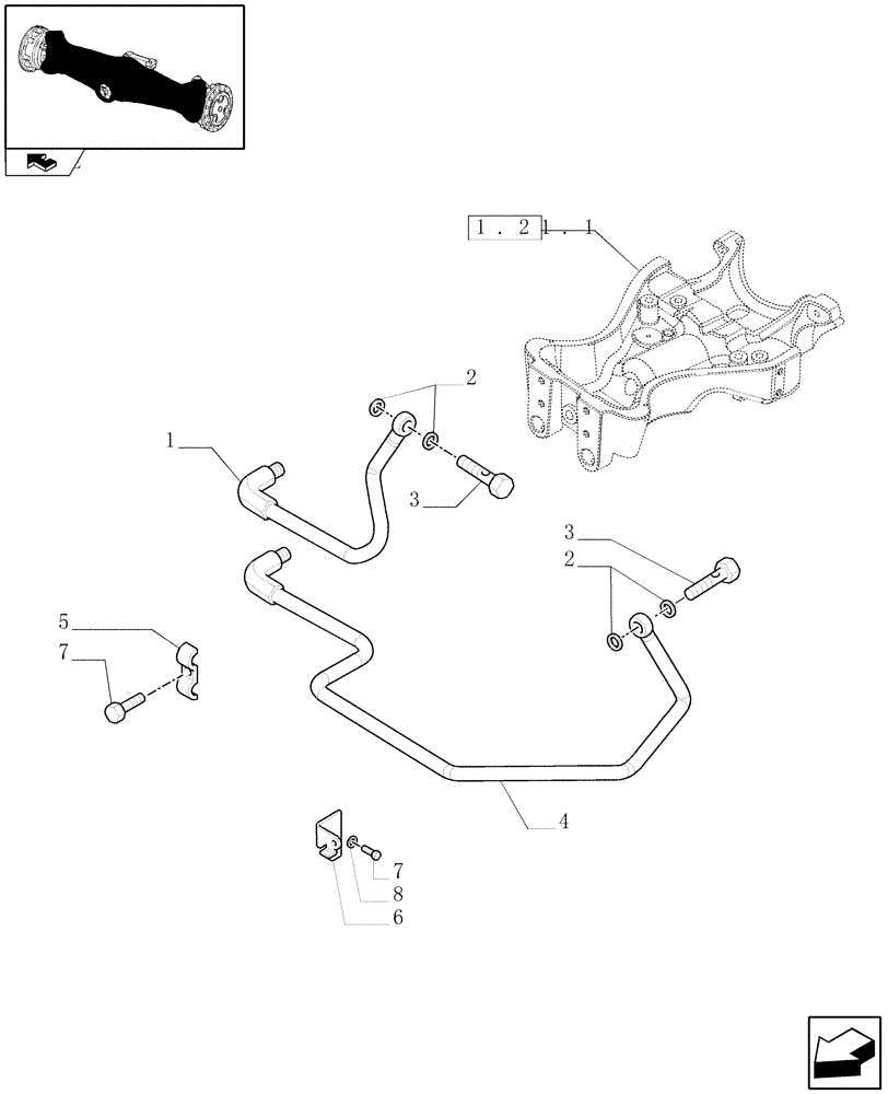 Схема запчастей Case IH FARMALL 85N - (1.40.2) - STANDARD FRONT AXLE WITH ELECTROHYDR. DIFF. LOCK LESS FRONT BRAKES (30 KM/H) - PIPES (VAR.330145) (04) - FRONT AXLE & STEERING