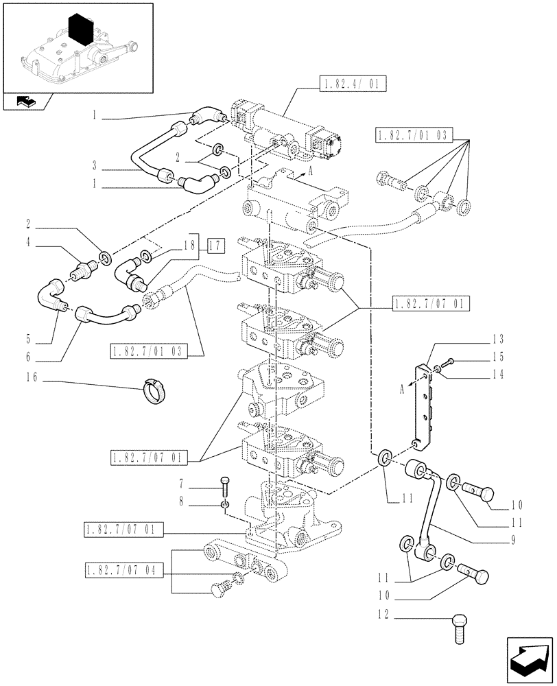 Схема запчастей Case IH FARMALL 95N - (1.82.7/07[02]) - 3 REMOTE VALVES FOR ELECTRONIC LIFTER W/HYD. DIVIDER - PIPES (VAR.336391 / 743526) (07) - HYDRAULIC SYSTEM