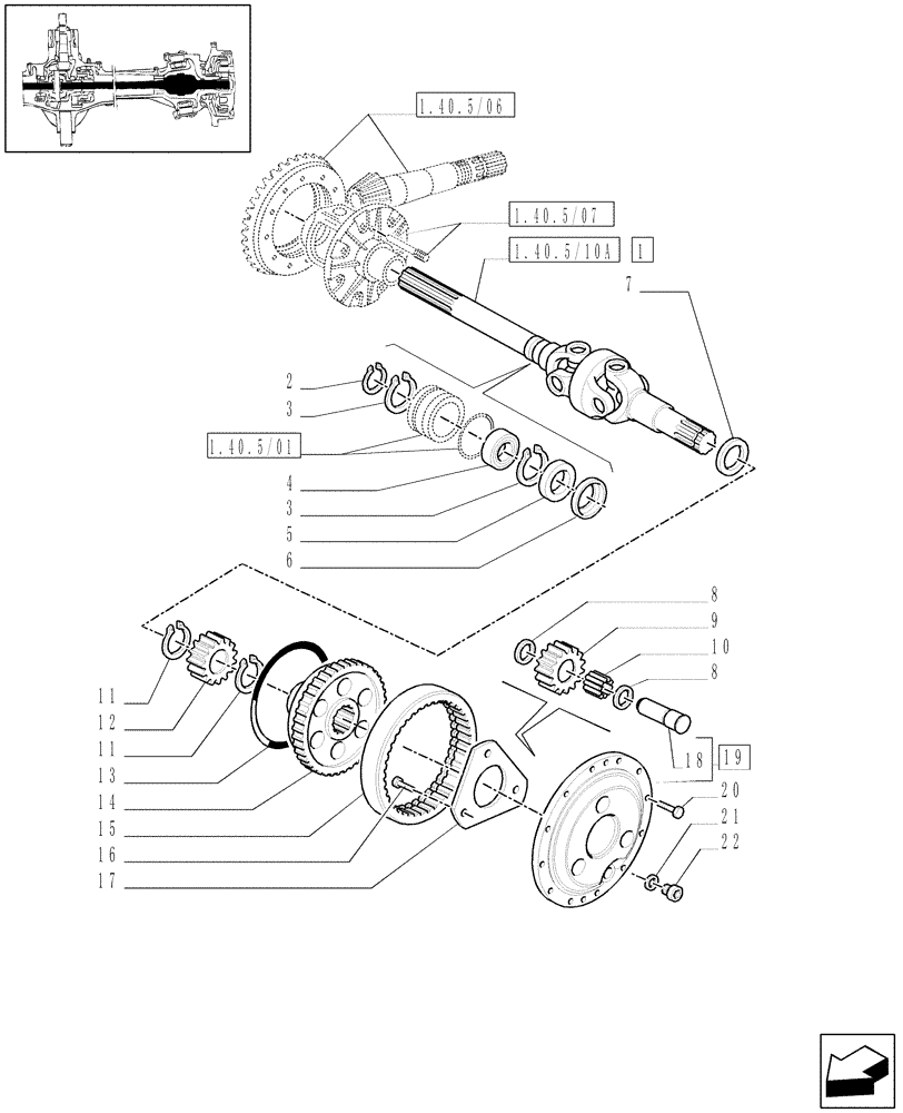 Схема запчастей Case IH MAXXUM 100 - (1.40. 5/10[01A]) - (CL.3) SUSPENDED FRONT AXLE WITH DOG CLUTCH AND BRAKES - SHAFT EPICYCL. GEAR TRAIN - D5954 - C6449 (VAR.330427) (04) - FRONT AXLE & STEERING