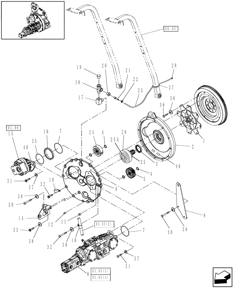 Схема запчастей Case IH WD1203 - (03.10[1]) - FLYWHEEL AND GEARBOX, P.I.N. Y8G661655 & AFTER (03) - TRANSMISSION