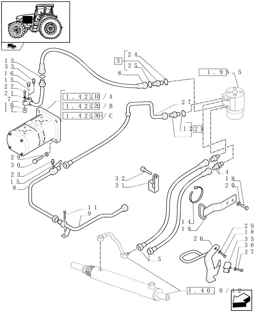 Схема запчастей Case IH FARMALL 95U - (1.42.0) - POWER STEERING HYDRAULIC CONTROL - PIPES & BRACKETS (04) - FRONT AXLE & STEERING