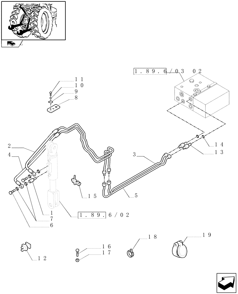 Схема запчастей Case IH FARMALL 95N - (1.89.6/03[01]) - HYDRAULIC RIGHT LIFTING ROD FOR MDC - TIE-ROD, PIPES AND CONNECTIONS - C6445 (VAR.335965 / 743536) (09) - IMPLEMENT LIFT