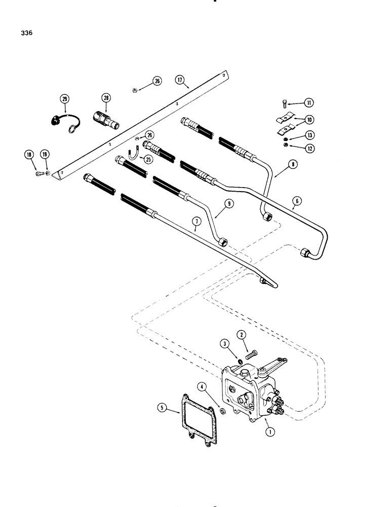 Схема запчастей Case IH 1270 - (336) - LEFT HAND REMOTE VALVE TUBES AND COUPLINGS, PRESSURE TYPE COUPLINGS, FIRST USED P.I.N. 8770001 (08) - HYDRAULICS