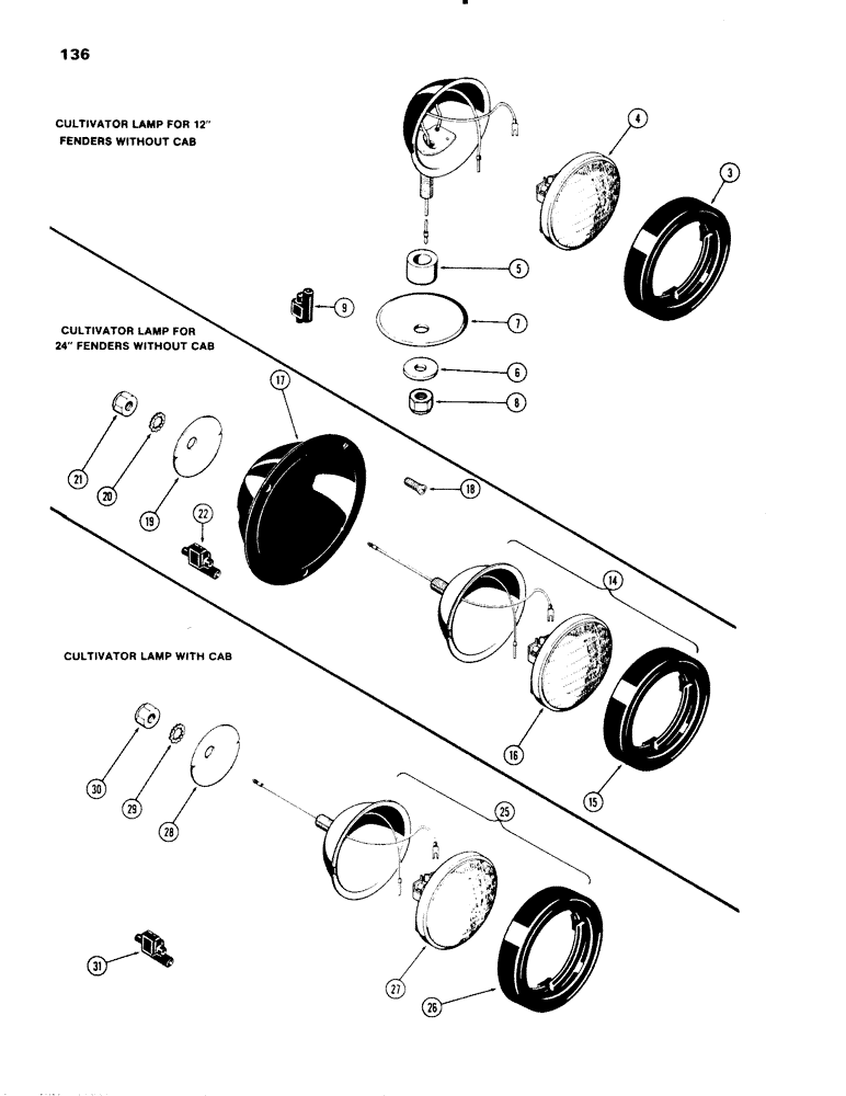 Схема запчастей Case IH 1270 - (136) - CULTIVATOR LAMPS, WITH 12 INCH FENDERS WITHOUT CAB (04) - ELECTRICAL SYSTEMS