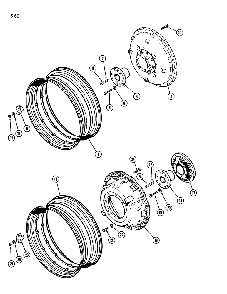 Схема запчастей Case IH 3394 - (6-56) - REAR WHEELS, SOLID/UNIVERSAL CAST WITH 38 INCH RIMS (06) - POWER TRAIN