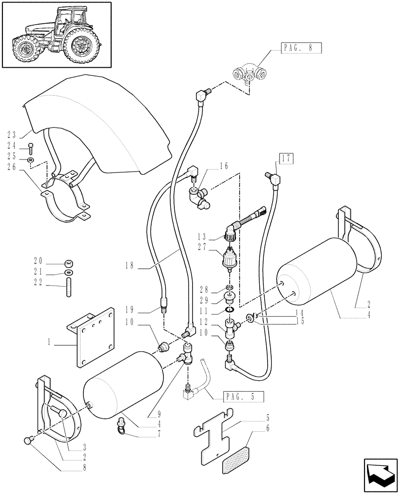 Схема запчастей Case IH MXU130 - (1.68.6[06]) - (VAR.178-242-243-385-448) TRAILER AIR BRAKE - VALVE AND PIPES (05) - REAR AXLE