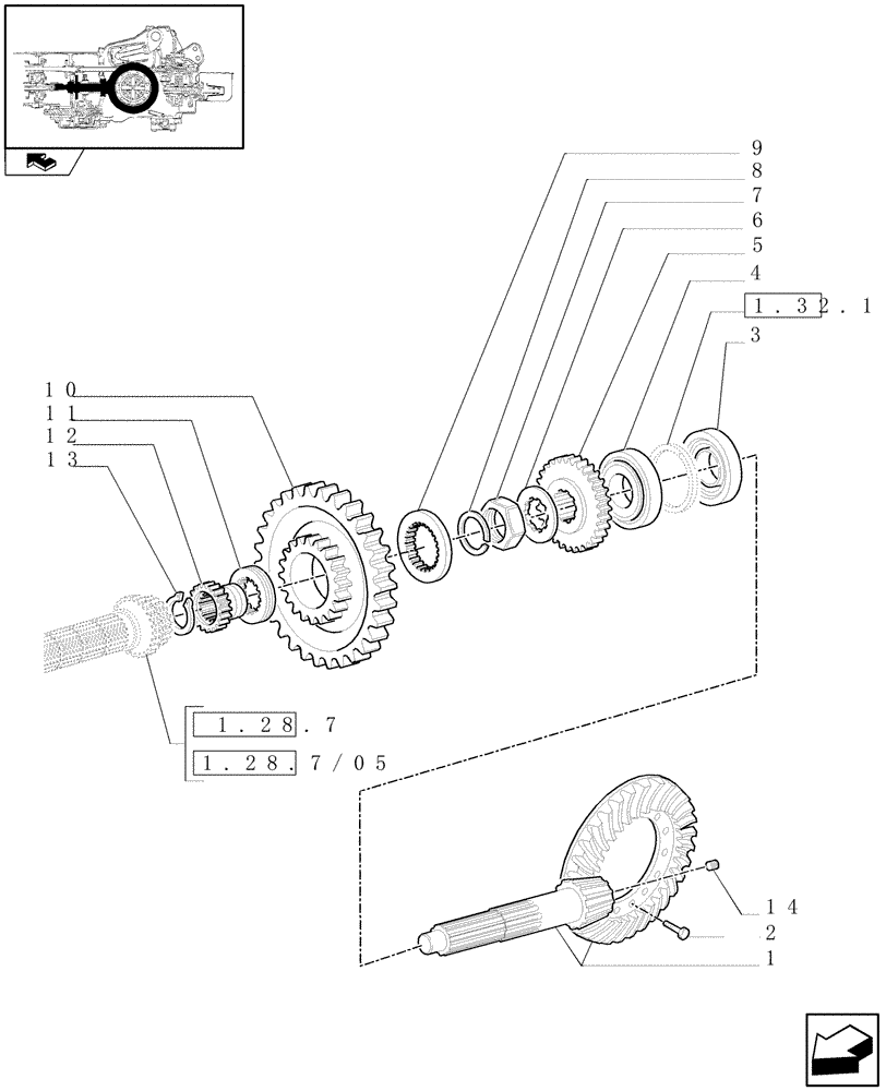 Схема запчастей Case IH FARMALL 105U - (1.32.1/01[02]) - CENTRAL REDUCTION FOR HD REAR AXLE - SLOW/FAST RANGE GEARS AND BEVEL GEARS (03) - TRANSMISSION