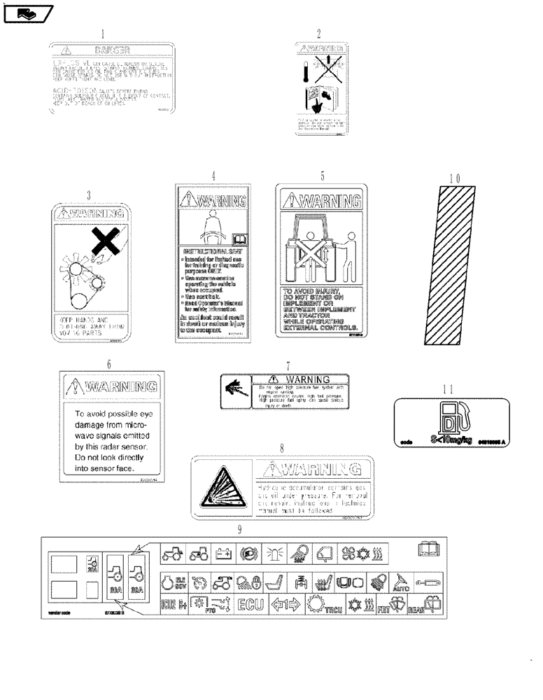 Схема запчастей Case IH MAGNUM 190 - (90.108.01[04]) - DECALS, WARNING (90) - PLATFORM, CAB, BODYWORK AND DECALS