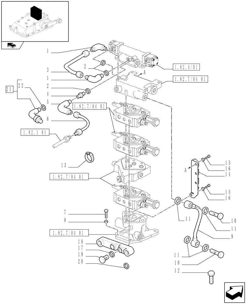 Схема запчастей Case IH FARMALL 95N - (1.82.7/04[03]) - 3 REMOTE VALVES FOR ELECTRONIC LIFTER W/HYD. DIVIDER FOR EDC - PIPES (VAR.335390 / 743525) (07) - HYDRAULIC SYSTEM