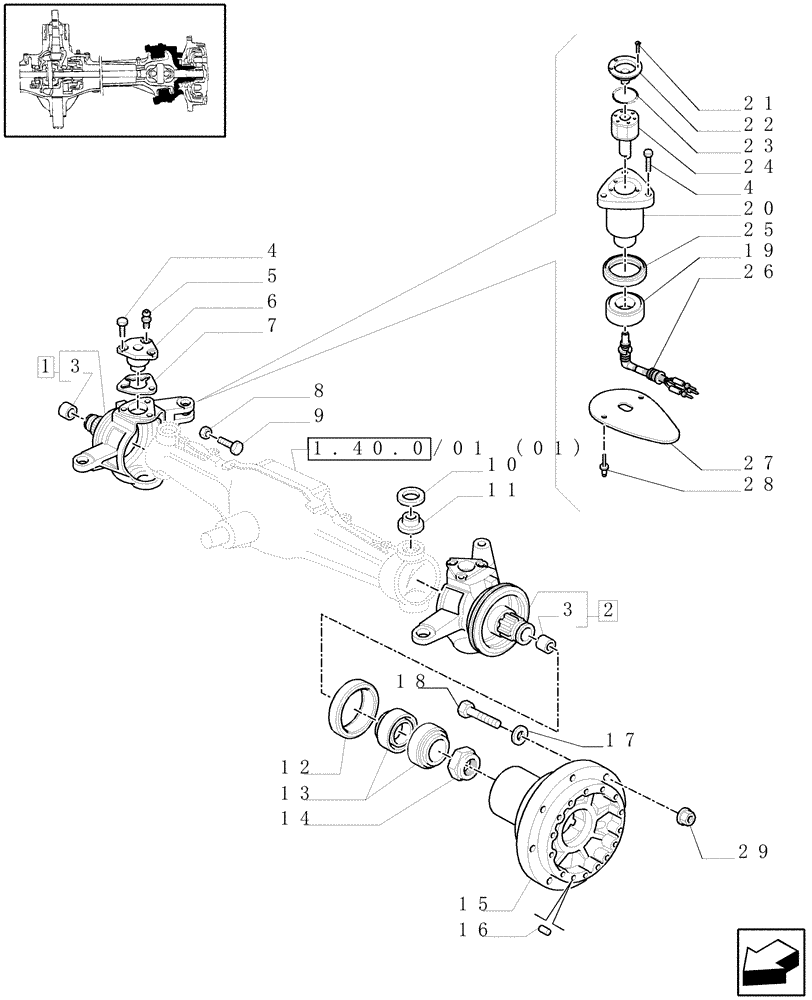 Схема запчастей Case IH MXM140 - (1.40.0/02[01A]) - 4WD FRONT AXLE - STEERING AXLES - HUBS - D5196 (04) - FRONT AXLE & STEERING