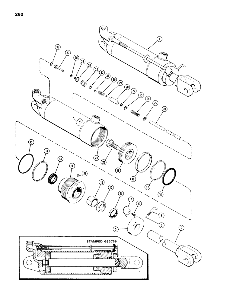 Схема запчастей Case IH 970 - (262) - G33769 REMOTE HYDRAULIC CYLINDER, 4" BORE X 8" STROKE, GLAND WITH CENTER BEARING (08) - HYDRAULICS