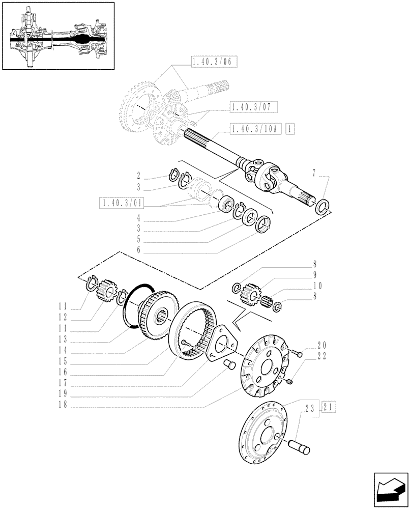 Схема запчастей Case IH MXM130 - (1.40.3/10[01]) - (VAR.420) 4WD FRONT AXLE WITH SUSP. AND TERRALOCK -SEMI POWER SHIFT - GEARS AND DIFFERENTIAL SHAFT (04) - FRONT AXLE & STEERING