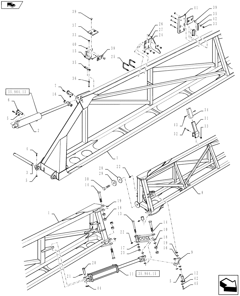 Схема запчастей Case IH 4430 - (39.130.21) - BOOM MOUNTING, INNER AND MID BOOM, LH, 120 BOOM (39) - FRAMES AND BALLASTING