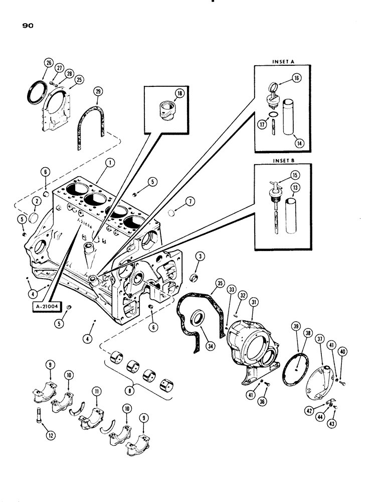 Схема запчастей Case IH 830-SERIES - (090) - CYLINDER BLOCK ASSEMBLY, MODEL 830, 284 SPARK IGNITION ENGINE, CASTING NO. A21004 (02) - ENGINE