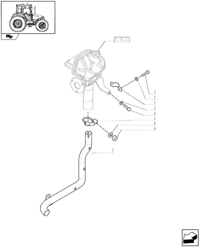 Схема запчастей Case IH FARMALL 60 - (1.15.1/02) - HORIZONTAL EXHAUST FOR UNDERHOOD MUFFLER (VAR.335150) (02) - ENGINE EQUIPMENT