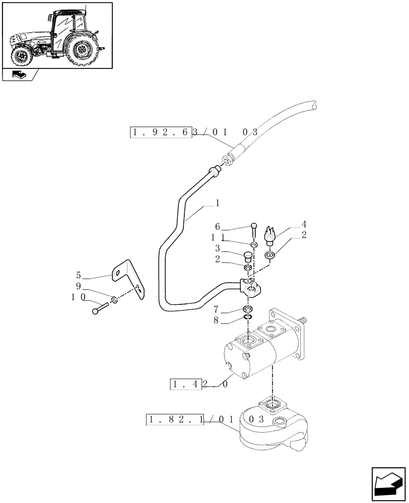 Схема запчастей Case IH FARMALL 95N - (1.82.1/01[04]) - DELIVERY PIPE TO STEERING MOTOR (07) - HYDRAULIC SYSTEM