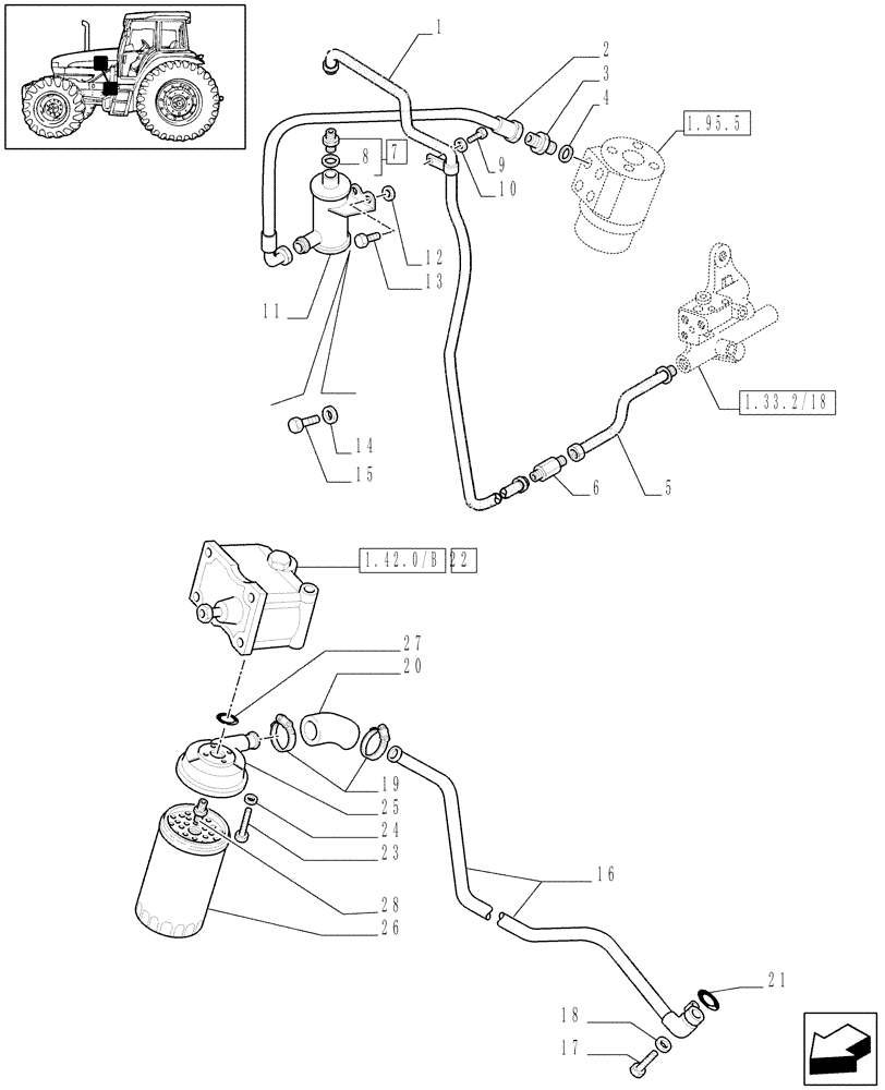 Схема запчастей Case IH JX80U - (1.42.0/07) - (VAR.729) SYNCHRO MESH GEARED POWER TAKE -OFF 540 - 750 - 1000 RPM - FILTER & PIPES (04) - FRONT AXLE & STEERING