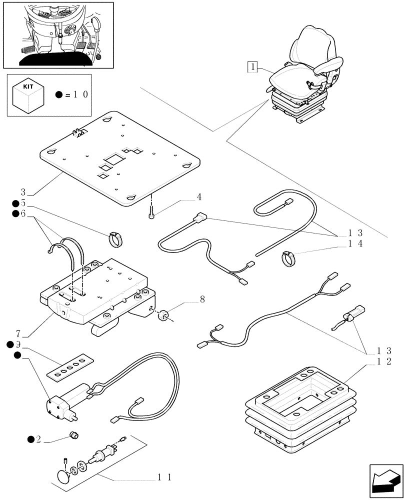 Схема запчастей Case IH MAXXUM 110 - (1.93.3/ H[04]) - SEAT WITH AIR SUSPENSION, OPS AND BELTS - BREAKDOWN - W/CAB (VAR.330710) (10) - OPERATORS PLATFORM/CAB