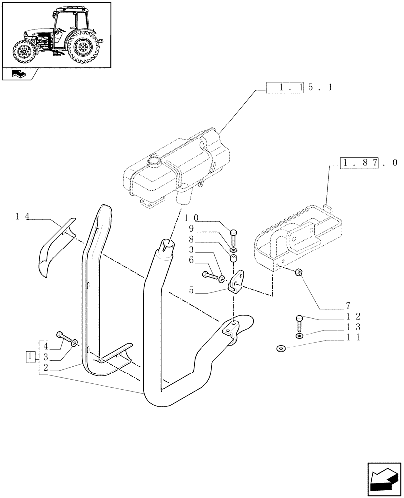 Схема запчастей Case IH FARMALL 85C - (1.15.1/02) - HORIZONTAL EXHAUST WITH GUARD SHIELD (VAR.330150) (02) - ENGINE EQUIPMENT