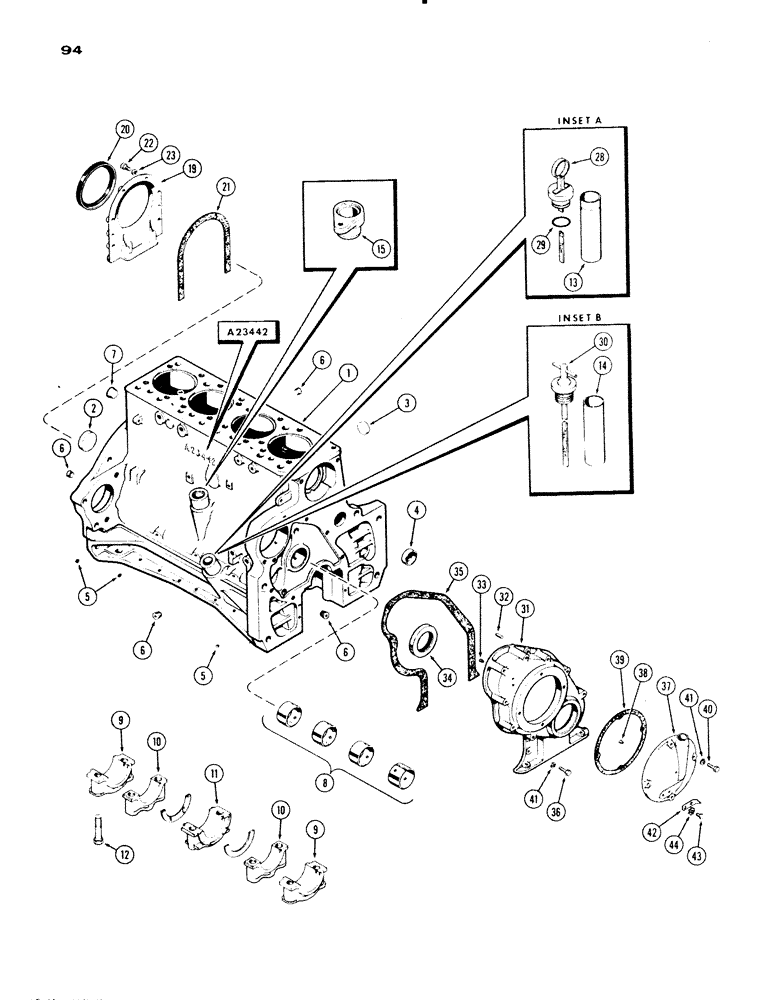 Схема запчастей Case IH 830-SERIES - (094) - CYLINDER BLOCK ASSEMBLY, MODEL830, 284 SPARK IGNIT ENG, CAST NO. A23442, A23552, A349632, OR A34934 (02) - ENGINE