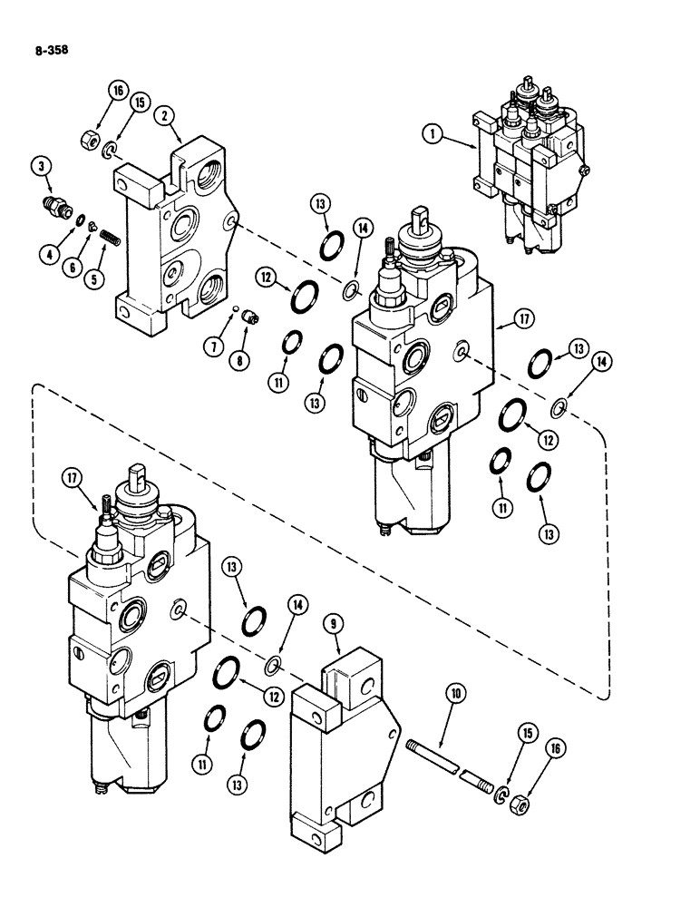 Схема запчастей Case IH 2294 - (8-358) - REMOTE HYDRAULICS, CONTROL VALVE ASSEMBLY, 2 SECTION W/O LOAD CHECK, PRIOR TO TRANS. S/N 16229981 (08) - HYDRAULICS