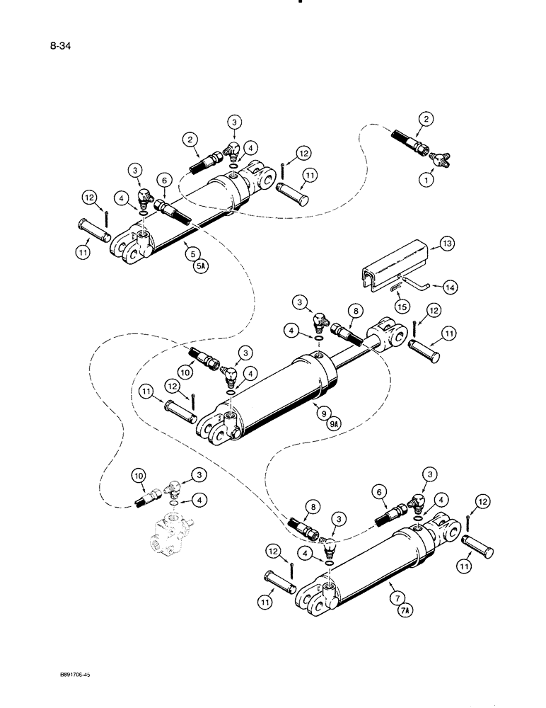 Схема запчастей Case IH 8500 - (8-34) - GAUGE WHEEL LINES, LEFT HAND GAUGE WHEEL CYLINDERS, W/ CESSNA GLAND TYPE CYLINDERS, 33 WIDE DRILL (08) - HYDRAULICS