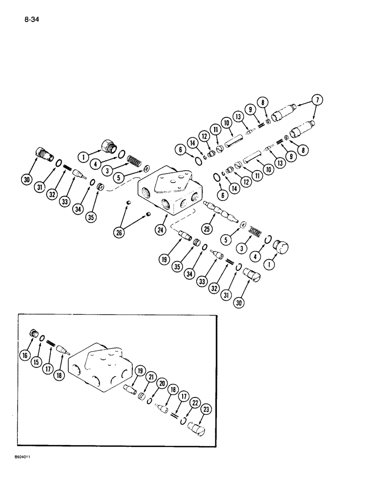 Схема запчастей Case IH 1010 - (8-34) - DOUBLE PILOTED VALVE ASSEMBLY, REEL FORE AND AFT ATTACHMENT (35) - HYDRAULIC SYSTEMS