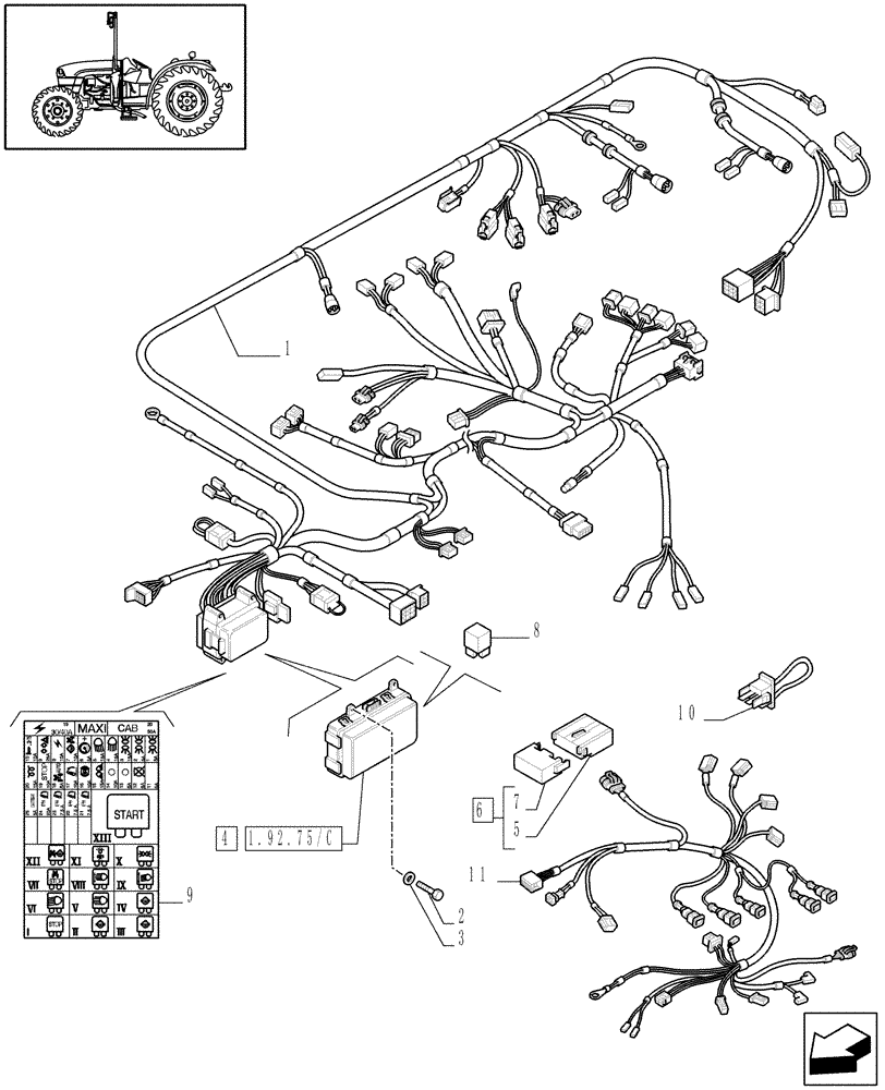 Схема запчастей Case IH JX1085C - (1.92.75/02) - (VAR.126-127) ELECTRONIC LIFT - AUXILIARY CABLES (10) - OPERATORS PLATFORM/CAB