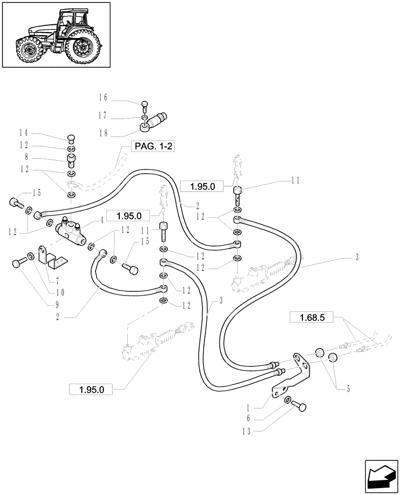 Схема запчастей Case IH JX1070U - (1.68.5/06[03]) - (VAR.327/1) ELECTROHYD. FRONT DIFFENTIAL LOCK, BRAKES AND MUDGUARDS - BRAKE PIPES (05) - REAR AXLE