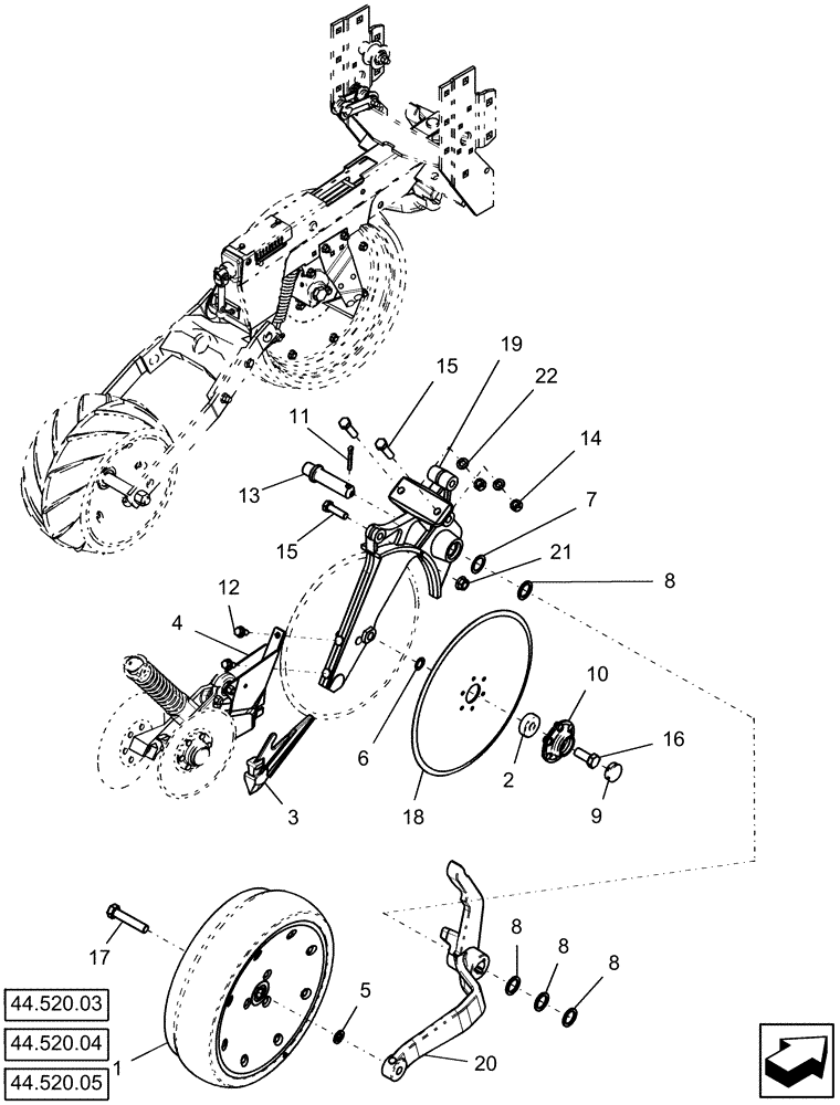 Схема запчастей Case IH 1240 - (75.200.10) - DISC OPENER & GAUGE WHEEL, WITH RH LEADING DISC OPENER (LH SIDE OF PLANTER) (75) - SOIL PREPARATION