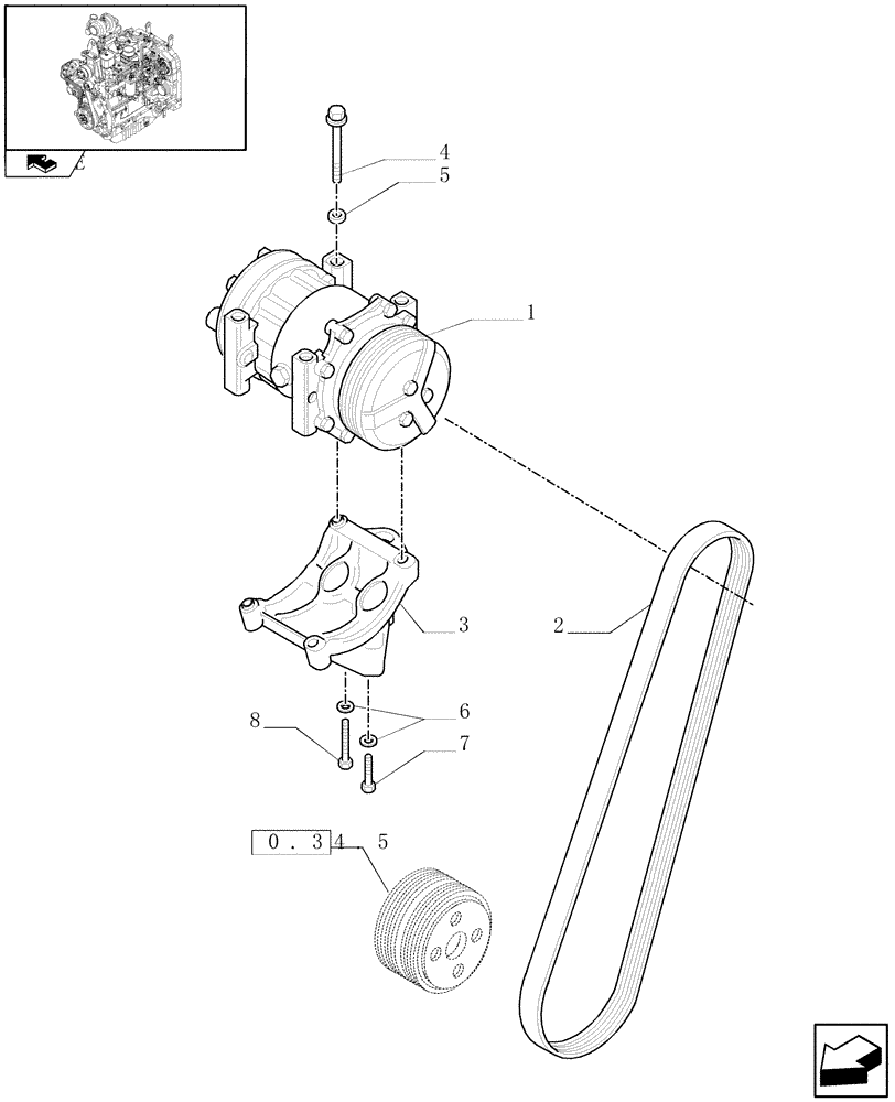 Схема запчастей Case IH FARMALL 60 - (0.88.0[01]) - AIR CONDITIONING UNIT - BELTS AND COMPRESSOR (VAR.330641-336641) (01) - ENGINE