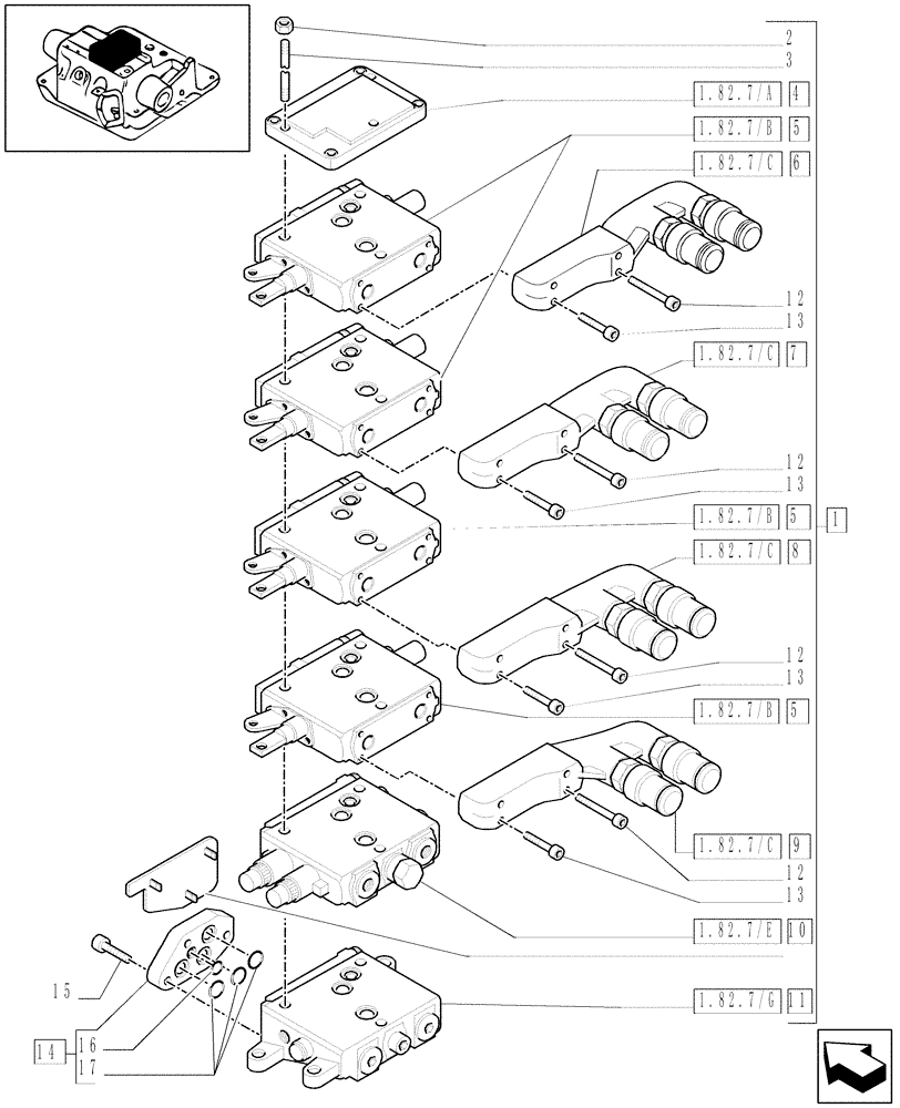 Схема запчастей Case IH MXU115 - (1.82.7/05[02]) - (VAR.255/2) 4 CONTROL VALVES (EDC) AND RELEVANT PARTS (07) - HYDRAULIC SYSTEM