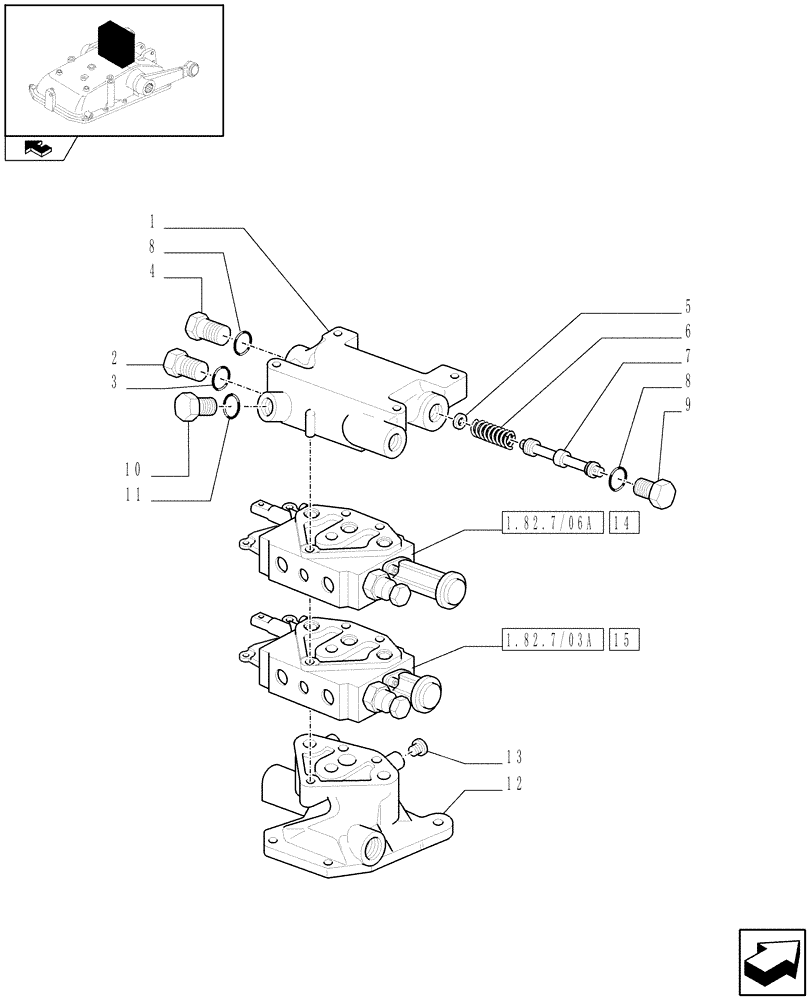 Схема запчастей Case IH FARMALL 65C - (1.82.7/08[01]) - 2 REAR REMOTE VALVES FOR MID-MOUNT AND EDC - CAPS AND FLANGE (VAR.333108) (07) - HYDRAULIC SYSTEM