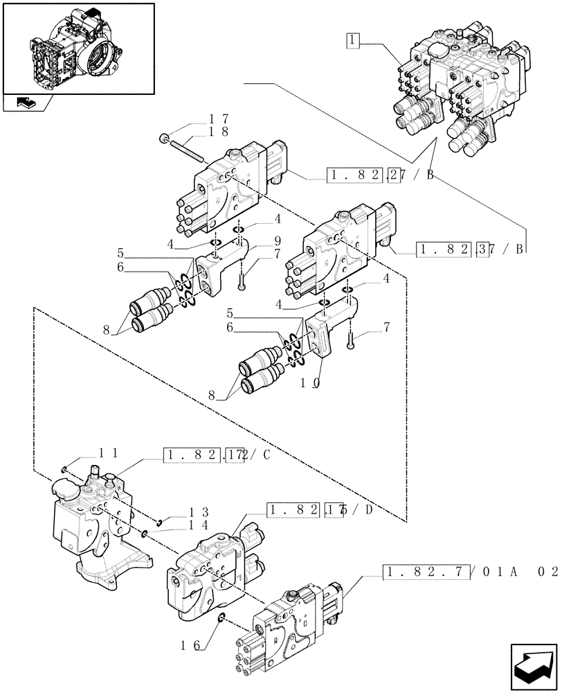 Схема запчастей Case IH PUMA 210 - (1.82.7/01A[01]) - REAR ELECTRONIC REMOTE CONTROL VALVES WITH 4 ELEMENTS - BREAKDOWN (07) - HYDRAULIC SYSTEM