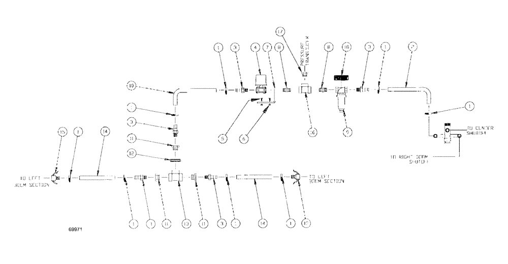 Схема запчастей Case IH SPX3185 - (09-023) - LIQUID PLUMBING - 75 3-BOOM SHUTOFF DICKEY-JOHN® LH BOOM Liquid Plumbing