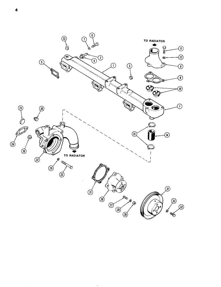 Схема запчастей Case IH 504D - (004) - WATER MANIFOLD & THERMOSTATS / WATER PUMP, ENGINE LESS FUEL DEVICE, 504DT & 504D DIESEL ENGINES (10) - ENGINE