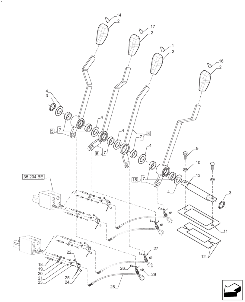 Схема запчастей Case IH FARMALL 140A - (35.204.BL[03]) - 4 CONTROL VALVES LEVER , CAB - BEFORE SN: CF01596M (35) - HYDRAULIC SYSTEMS