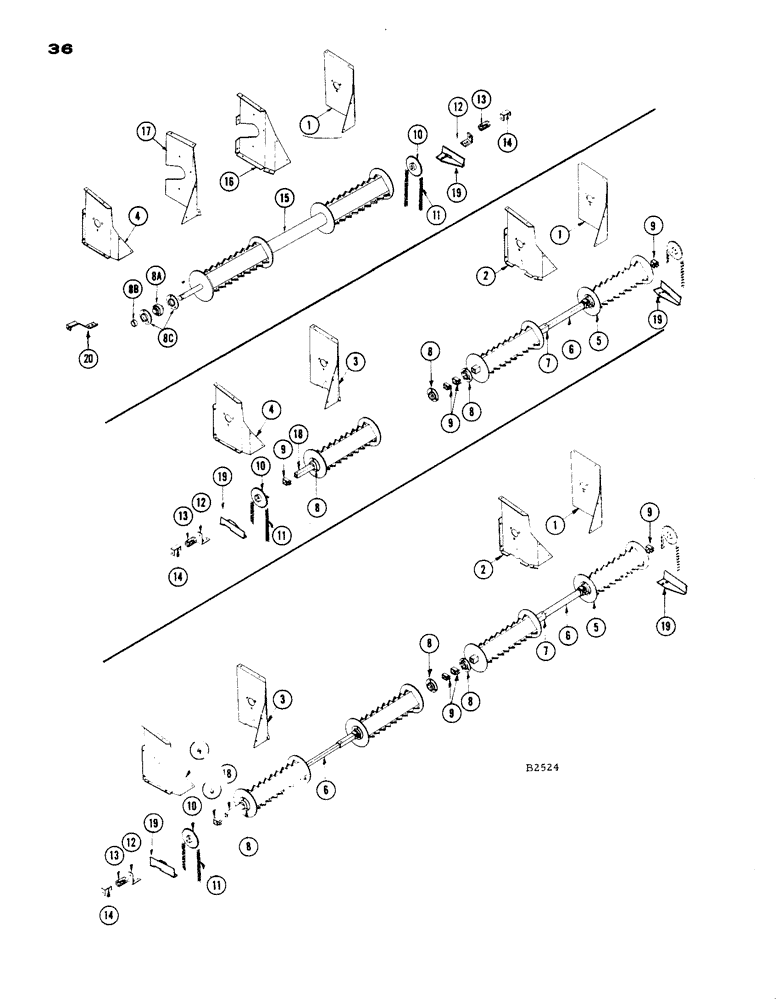 Схема запчастей Case IH 404 - (36) - ROW BEATERS, ROWS 2, 3, AND 4 (58) - ATTACHMENTS/HEADERS