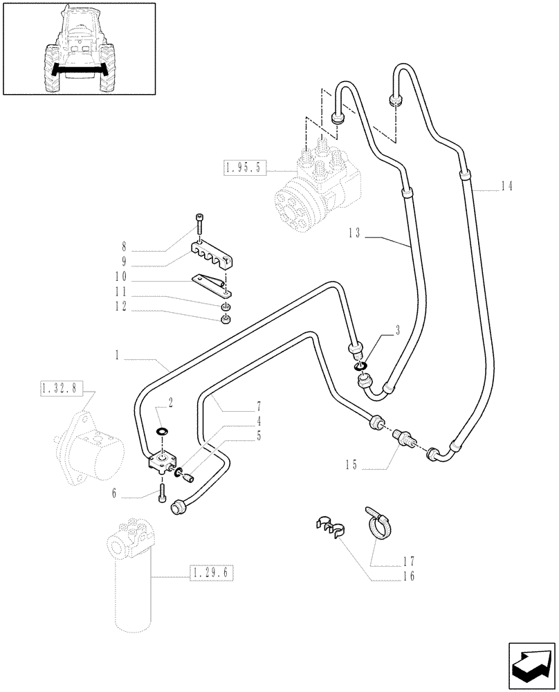 Схема запчастей Case IH MAXXUM 110 - (1.42.0/05[01A]) - 63 L/MIN FIXED DISPLACEMENT PUMP FOR EDC AND 24X24 - POWER STEERING PIPES - D6533 (VAR.330824) (04) - FRONT AXLE & STEERING