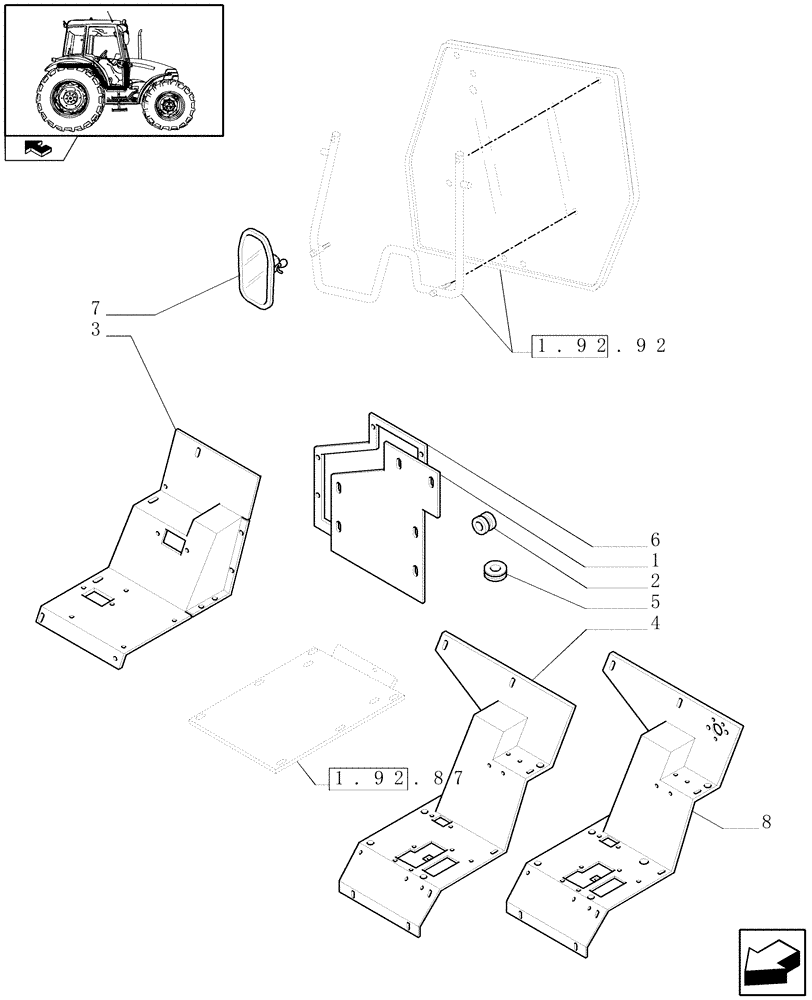 Схема запчастей Case IH FARMALL 90 - (1.92.87/04) - TOW HOOK AND DRAWBAR (PICK-UP) - MUDGUARDS AND FOOTBOARDS - W/CAB (VAR.335929) (10) - OPERATORS PLATFORM/CAB